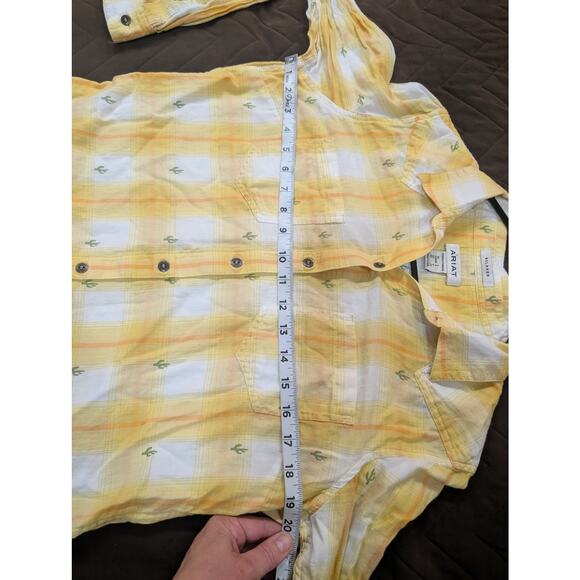 Yellow & white plaid cotton collared button up Western style shirt by Ariat, S - Picture 6 of 9